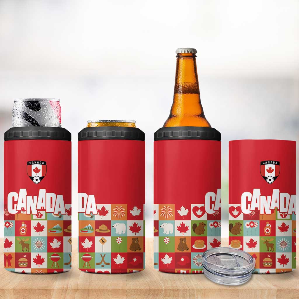 Canada Football 4 in 1 Can Cooler Tumbler Patchwork Icons and Maple Leaf Pattern - Wonder Print Shop