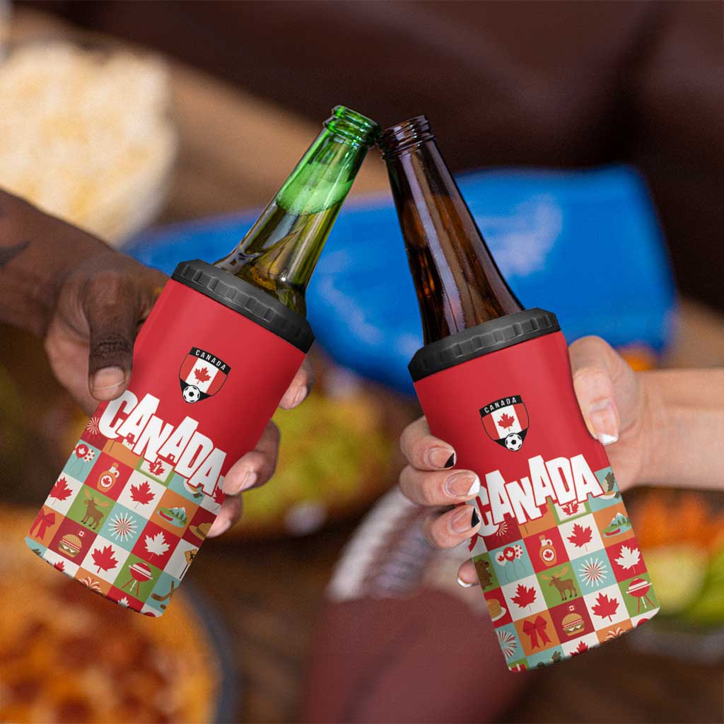 Canada Football 4 in 1 Can Cooler Tumbler Patchwork Icons and Maple Leaf Pattern - Wonder Print Shop