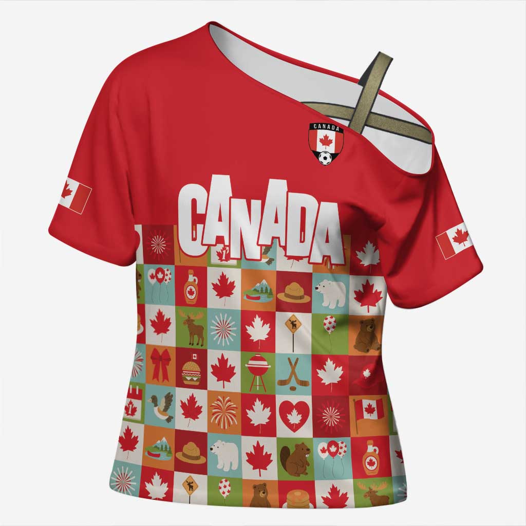 Canada Football Cross Shoulder Shirt Patchwork Icons and Maple Leaf Pattern - Wonder Print Shop