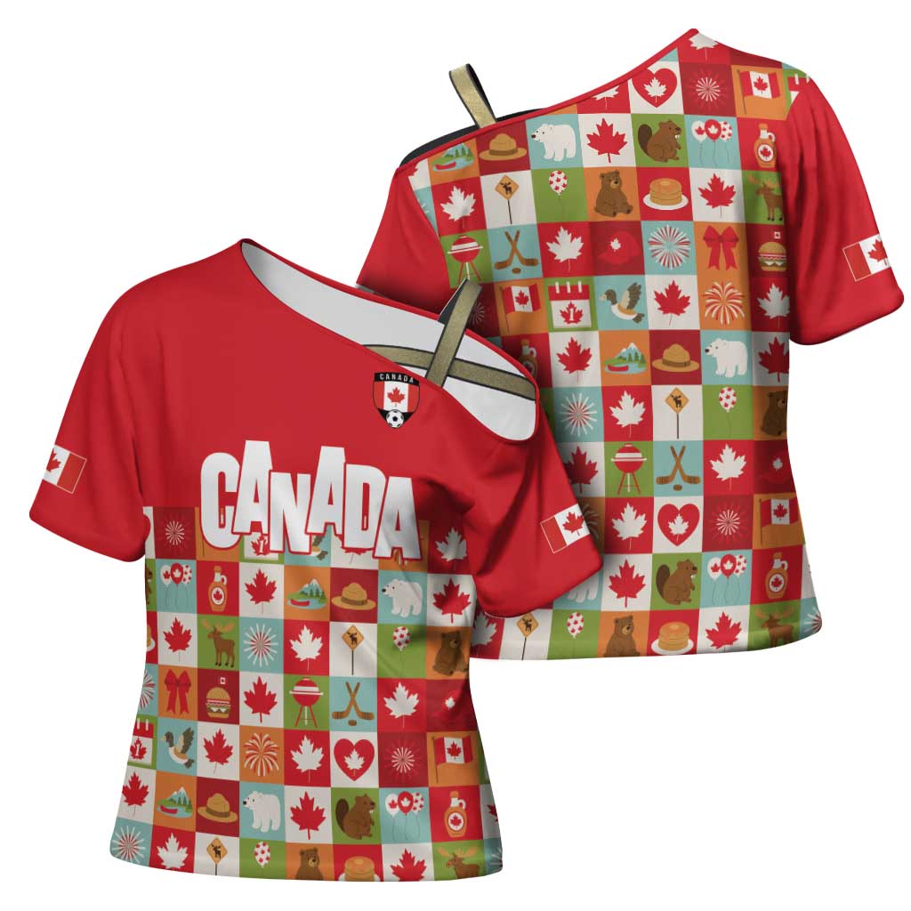 Canada Football Cross Shoulder Shirt Patchwork Icons and Maple Leaf Pattern - Wonder Print Shop