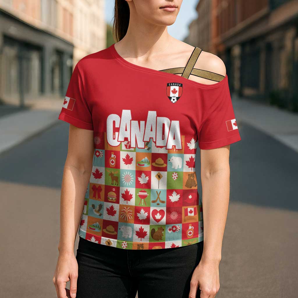 Canada Football Cross Shoulder Shirt Patchwork Icons and Maple Leaf Pattern - Wonder Print Shop