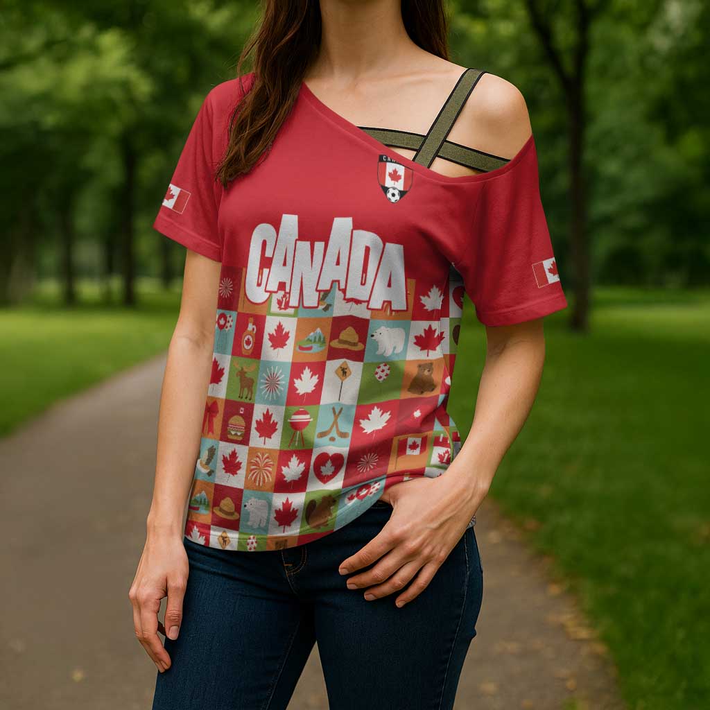 Canada Football Cross Shoulder Shirt Patchwork Icons and Maple Leaf Pattern - Wonder Print Shop