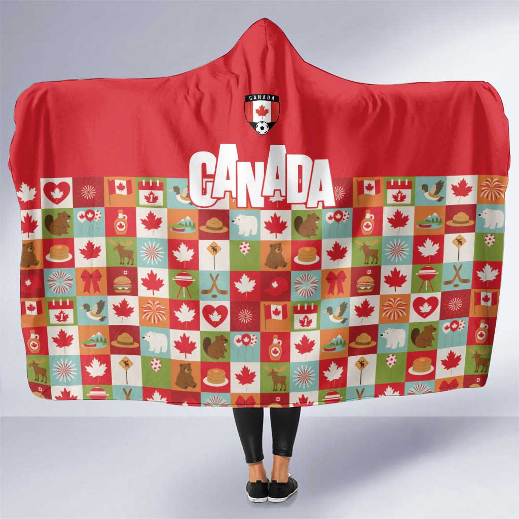Canada Football Hooded Blanket Patchwork Icons and Maple Leaf Pattern - Wonder Print Shop