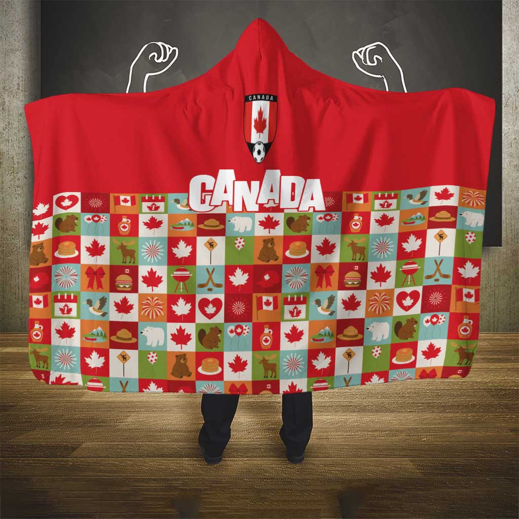 Canada Football Hooded Blanket Patchwork Icons and Maple Leaf Pattern - Wonder Print Shop