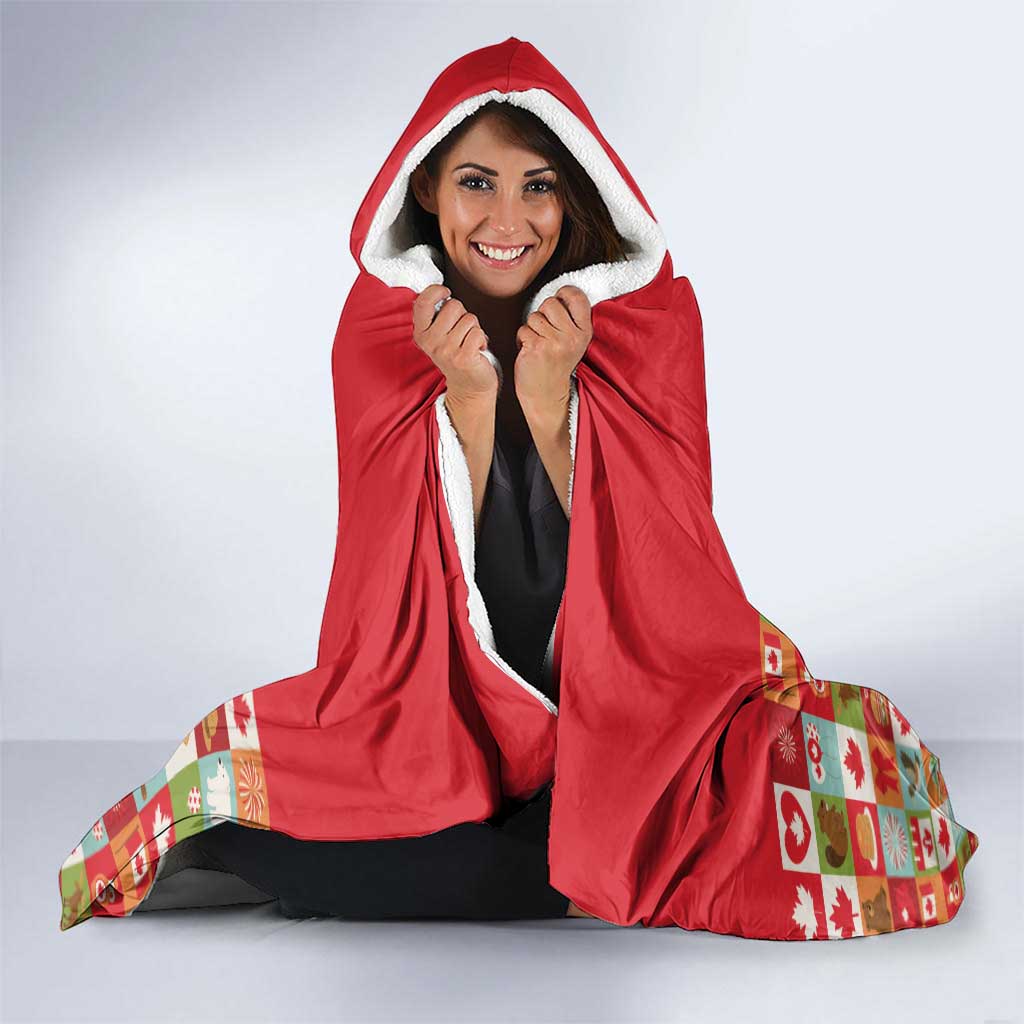 Canada Football Hooded Blanket Patchwork Icons and Maple Leaf Pattern - Wonder Print Shop