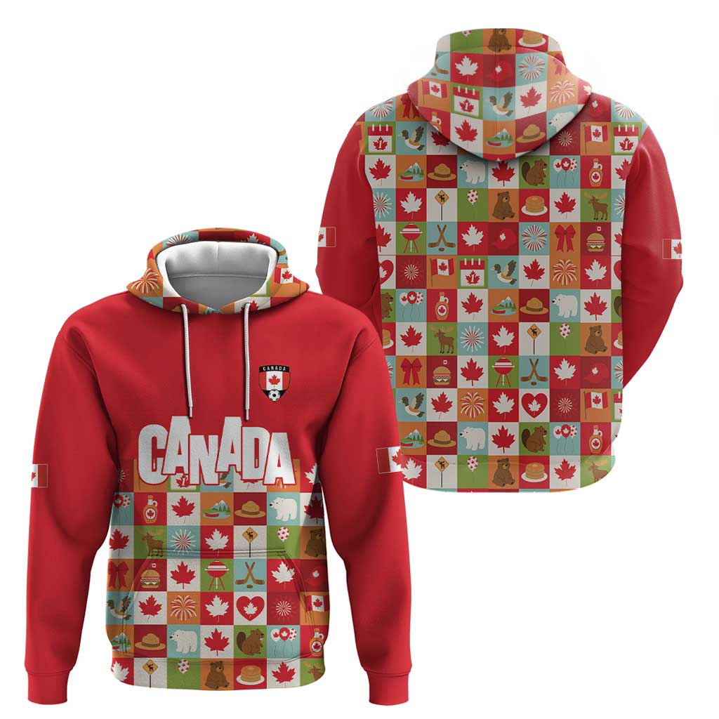 Canada Football Hoodie Patchwork Icons and Maple Leaf Pattern - Wonder Print Shop