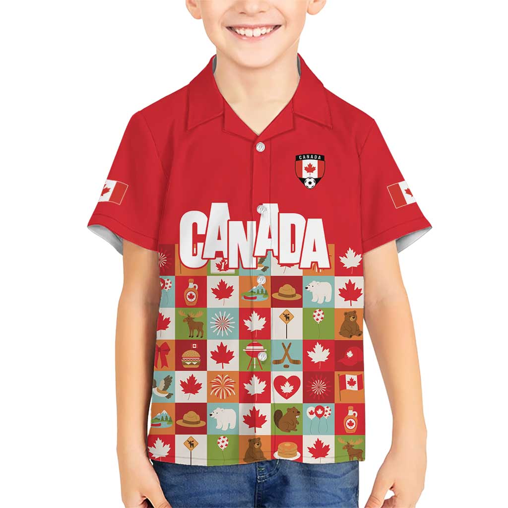 Canada Football Kid Hawaiian Shirt Patchwork Icons and Maple Leaf Pattern - Wonder Print Shop