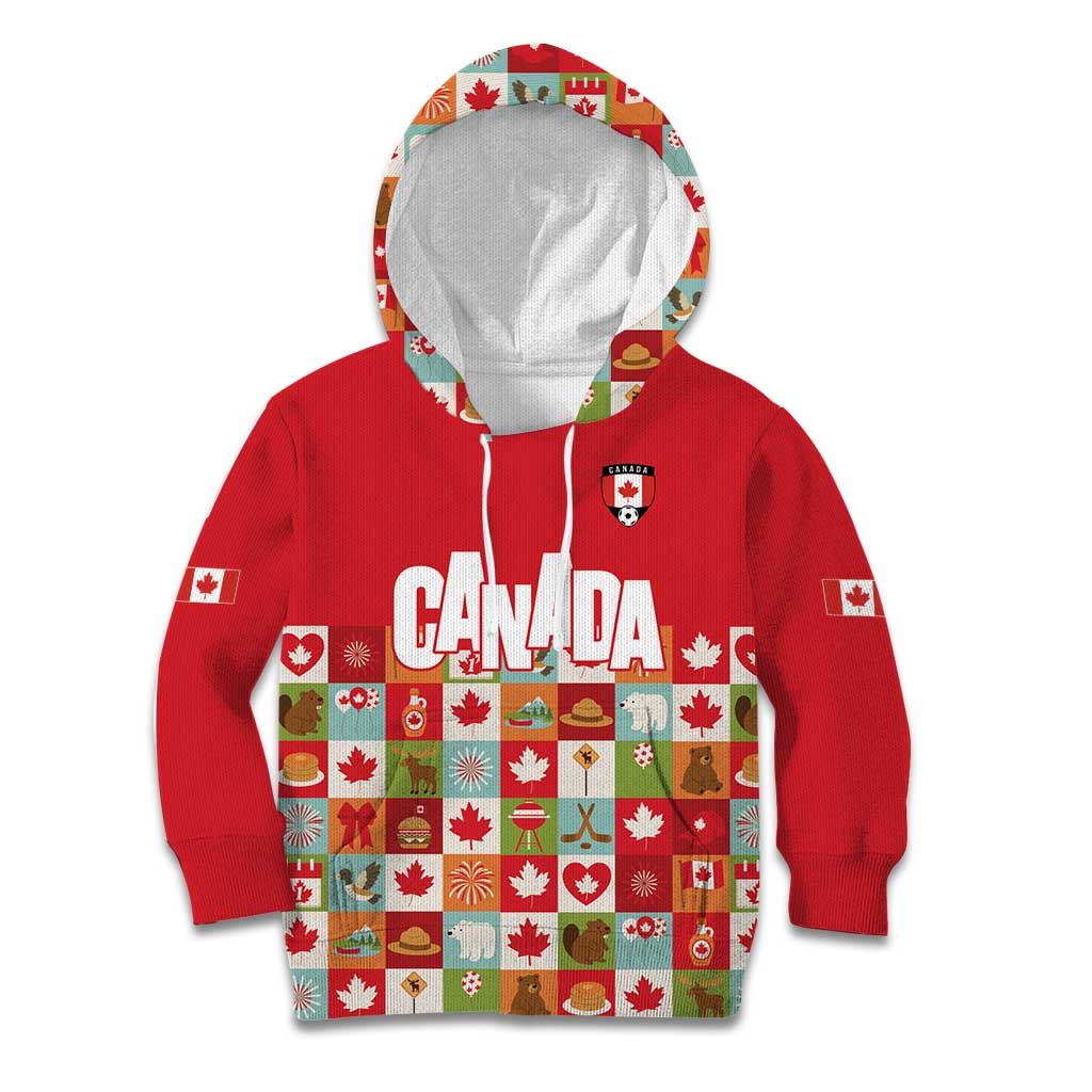 Canada Football Kid Hoodie Patchwork Icons and Maple Leaf Pattern - Wonder Print Shop