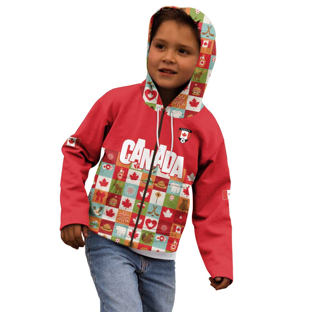 Canada Football Kid Hoodie Patchwork Icons and Maple Leaf Pattern - Wonder Print Shop