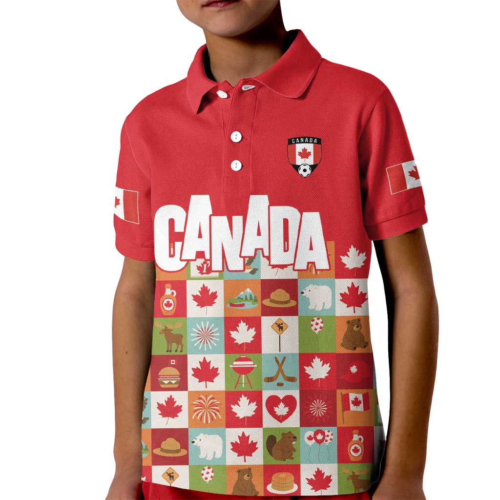 Canada Football Kid Polo Shirt Patchwork Icons and Maple Leaf Pattern - Wonder Print Shop