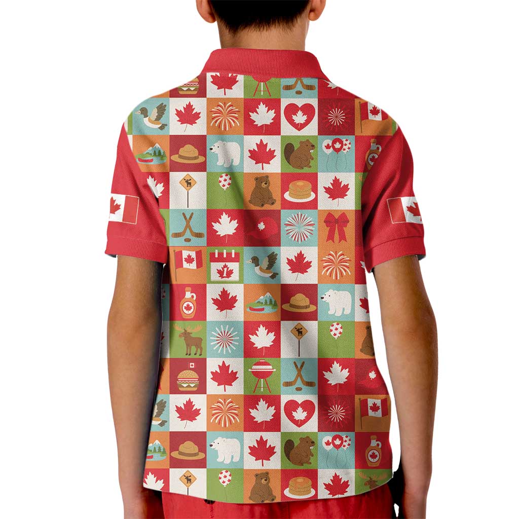 Canada Football Kid Polo Shirt Patchwork Icons and Maple Leaf Pattern - Wonder Print Shop