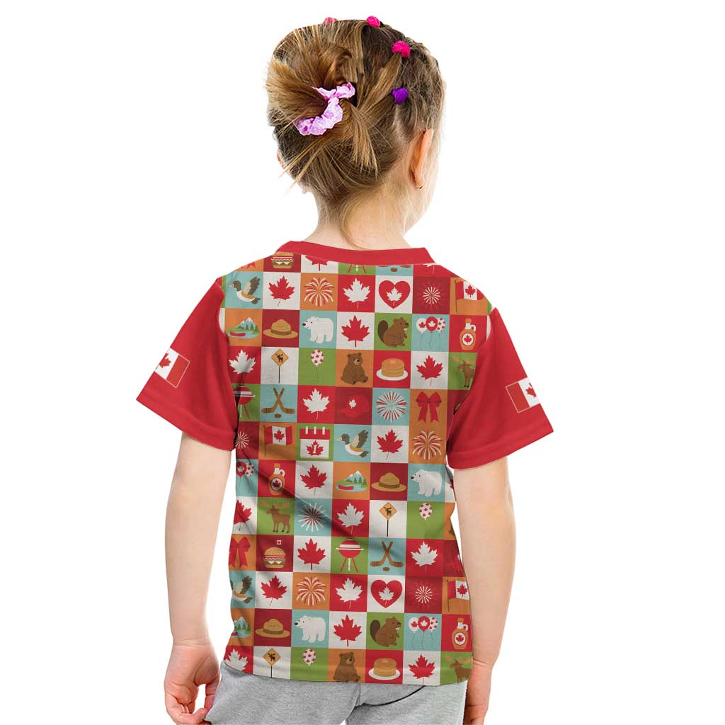 Canada Football Kid T Shirt Patchwork Icons and Maple Leaf Pattern - Wonder Print Shop
