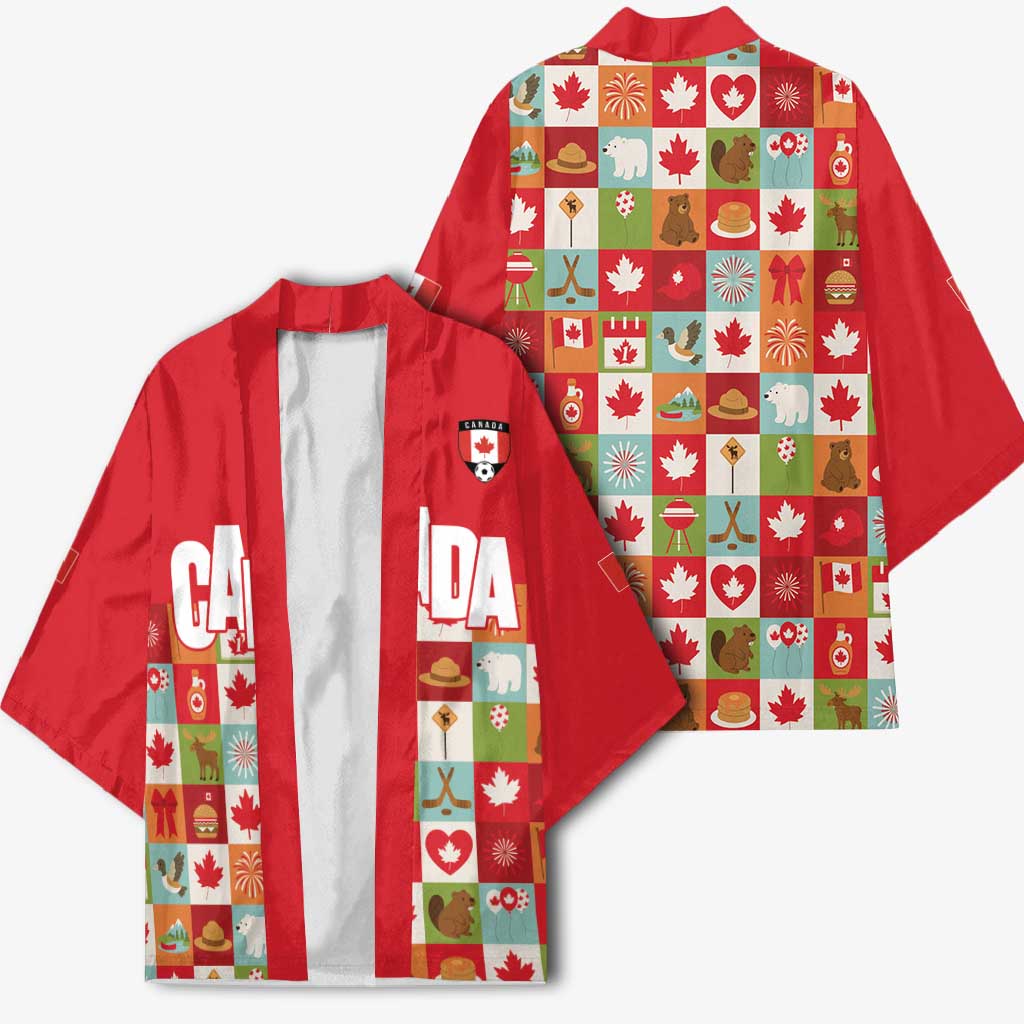 Canada Football Kimono Patchwork Icons and Maple Leaf Pattern - Wonder Print Shop