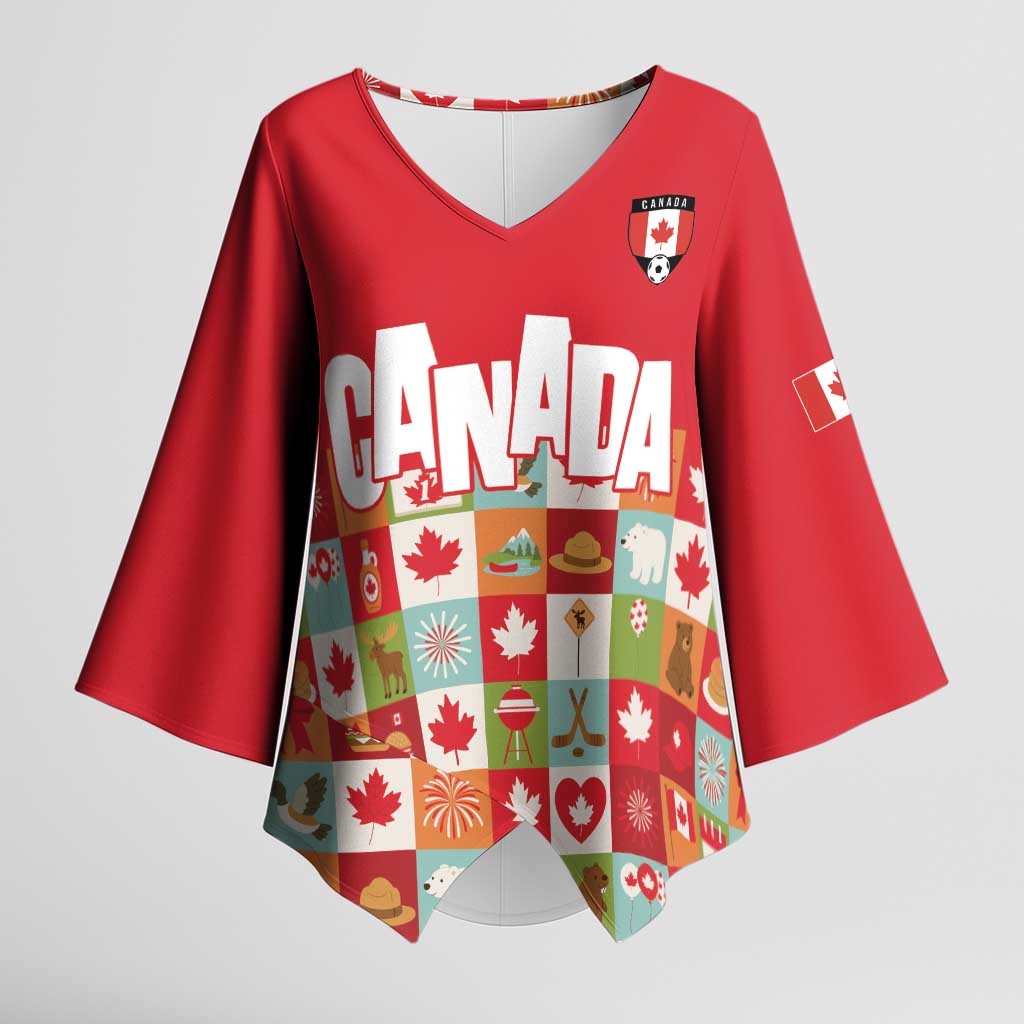 Canada Football Kimono Sleeve Blouse Patchwork Icons and Maple Leaf Pattern - Wonder Print Shop