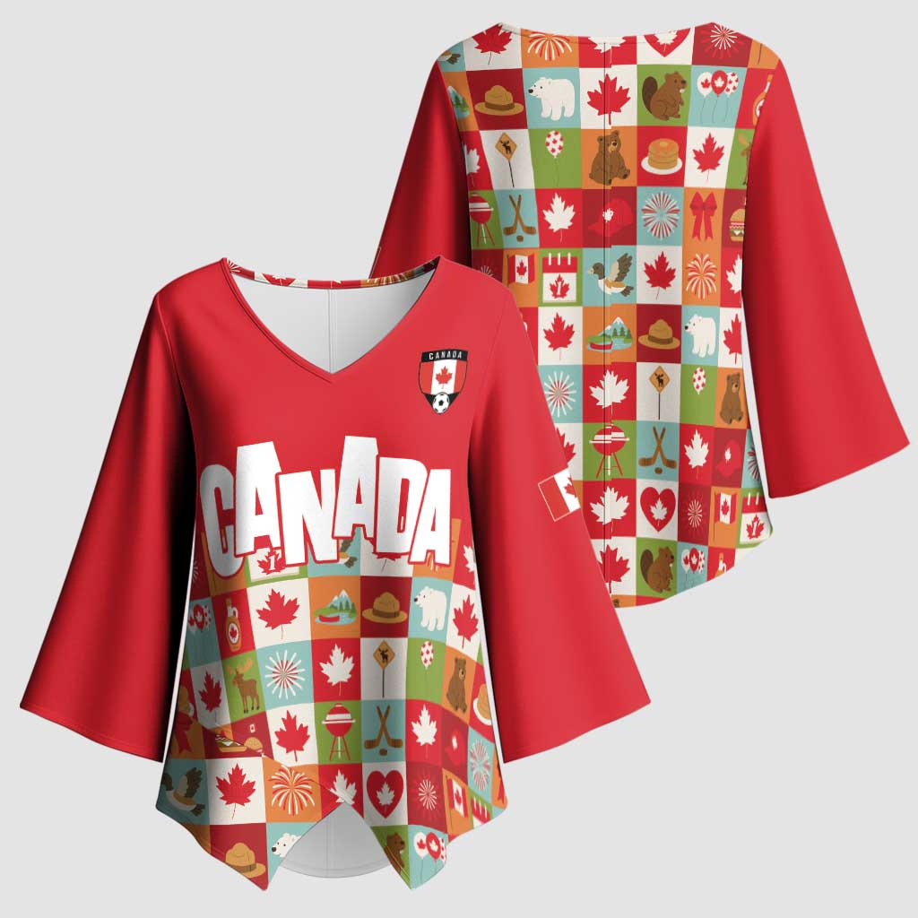Canada Football Kimono Sleeve Blouse Patchwork Icons and Maple Leaf Pattern - Wonder Print Shop