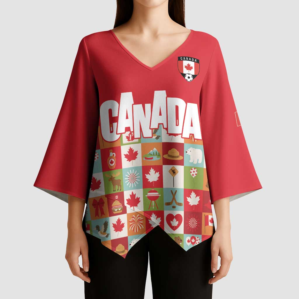 Canada Football Kimono Sleeve Blouse Patchwork Icons and Maple Leaf Pattern - Wonder Print Shop