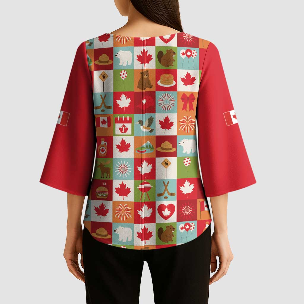 Canada Football Kimono Sleeve Blouse Patchwork Icons and Maple Leaf Pattern - Wonder Print Shop