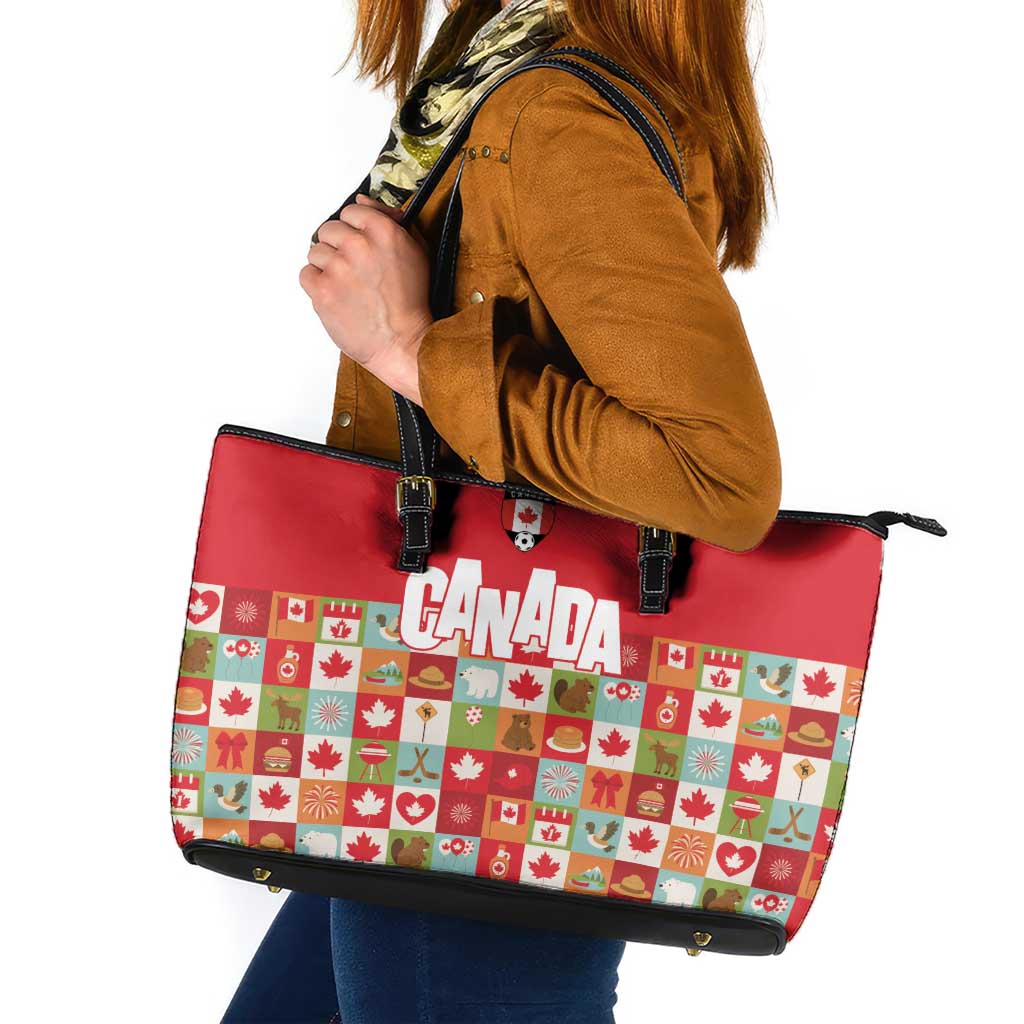 Canada Football Leather Tote Bag Patchwork Icons and Maple Leaf Pattern - Wonder Print Shop
