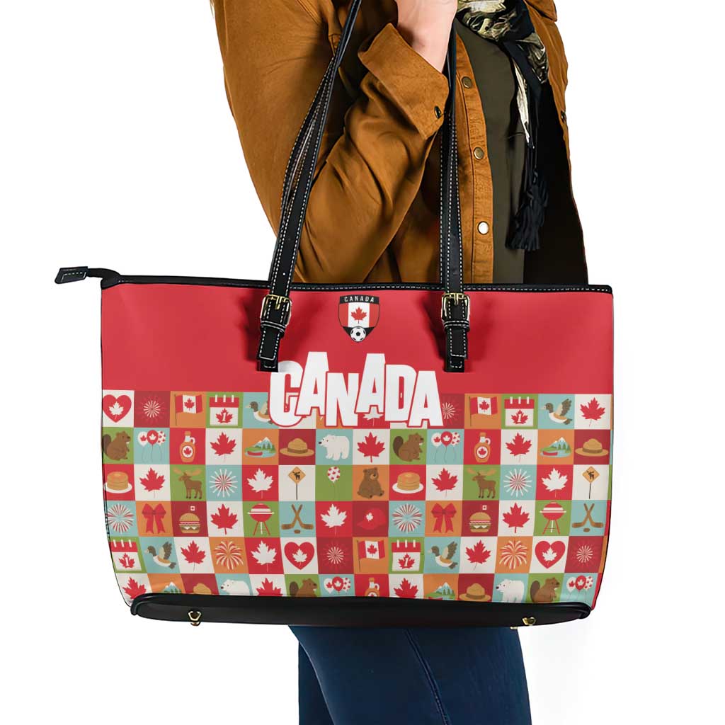 Canada Football Leather Tote Bag Patchwork Icons and Maple Leaf Pattern - Wonder Print Shop