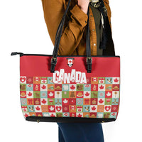 Canada Football Leather Tote Bag Patchwork Icons and Maple Leaf Pattern - Wonder Print Shop
