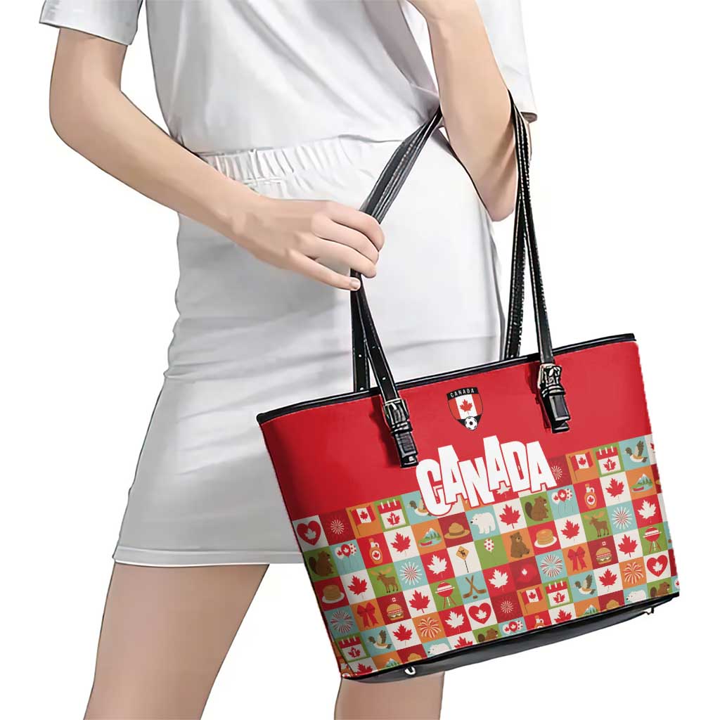 Canada Football Leather Tote Bag Patchwork Icons and Maple Leaf Pattern - Wonder Print Shop