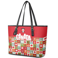 Canada Football Leather Tote Bag Patchwork Icons and Maple Leaf Pattern - Wonder Print Shop