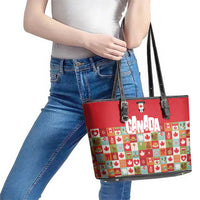 Canada Football Leather Tote Bag Patchwork Icons and Maple Leaf Pattern - Wonder Print Shop