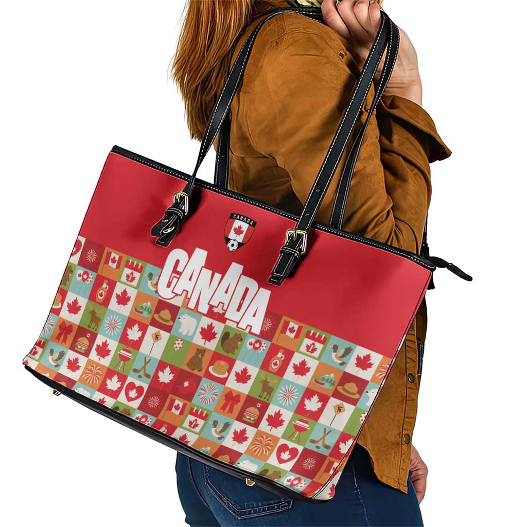 Canada Football Leather Tote Bag Patchwork Icons and Maple Leaf Pattern - Wonder Print Shop
