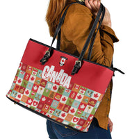 Canada Football Leather Tote Bag Patchwork Icons and Maple Leaf Pattern - Wonder Print Shop