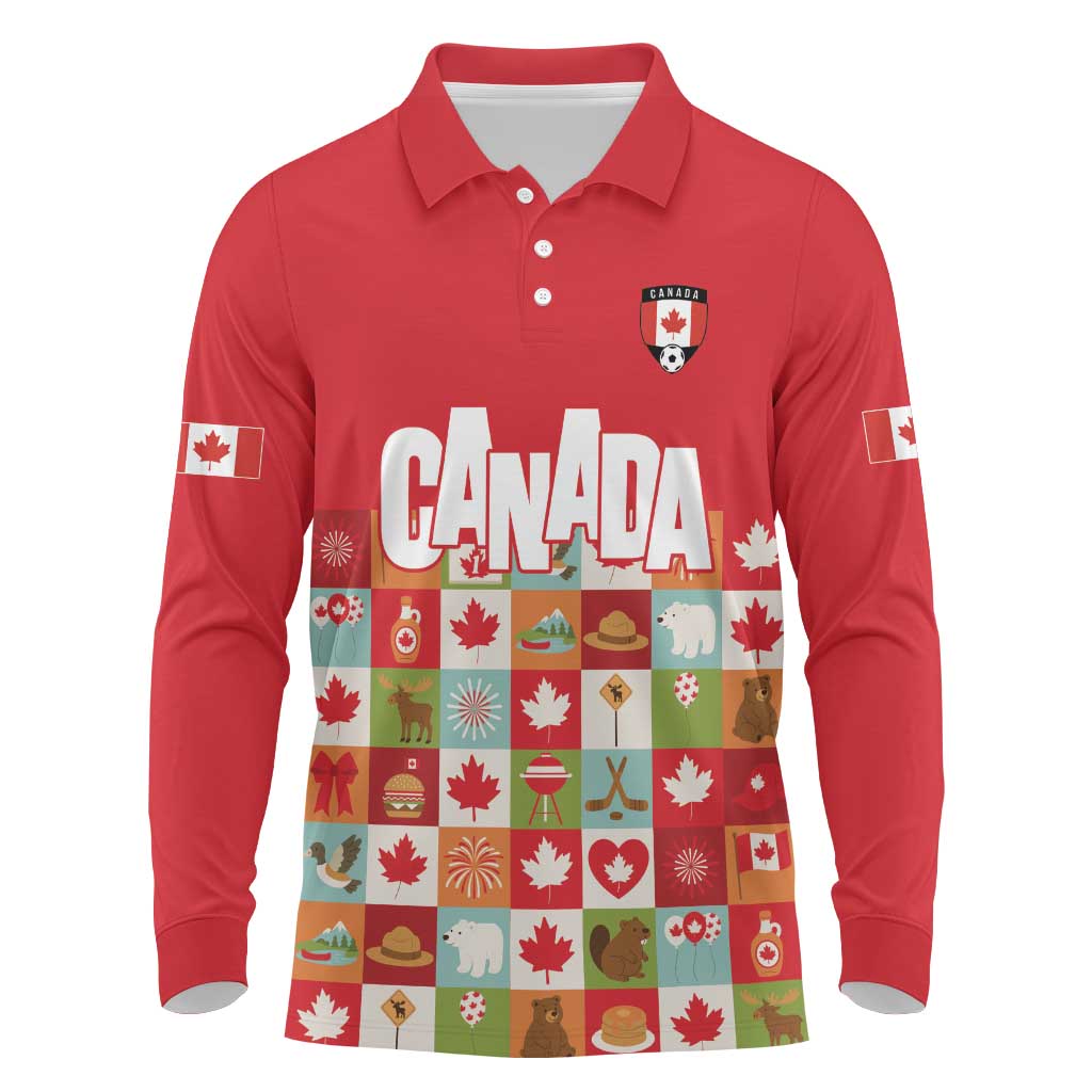 Canada Football Long Sleeve Polo Shirt Patchwork Icons and Maple Leaf Pattern - Wonder Print Shop