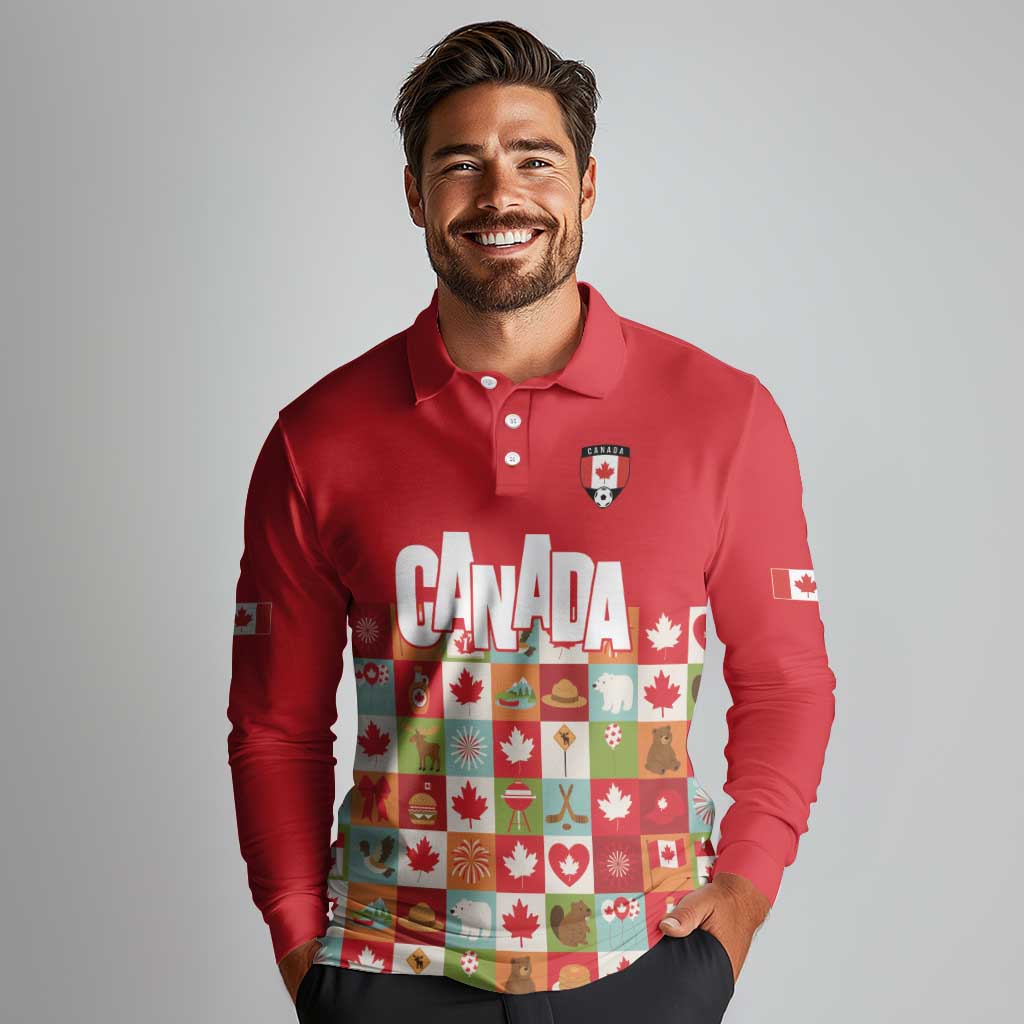 Canada Football Long Sleeve Polo Shirt Patchwork Icons and Maple Leaf Pattern - Wonder Print Shop