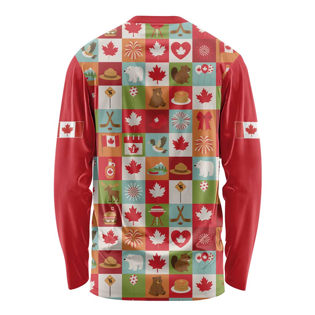 Canada Football Long Sleeve Shirt Patchwork Icons and Maple Leaf Pattern - Wonder Print Shop
