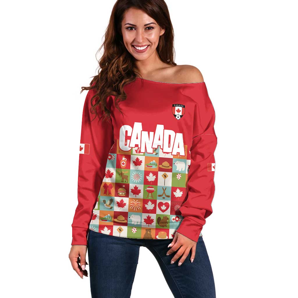 Canada Football Off Shoulder Sweater Patchwork Icons and Maple Leaf Pattern - Wonder Print Shop