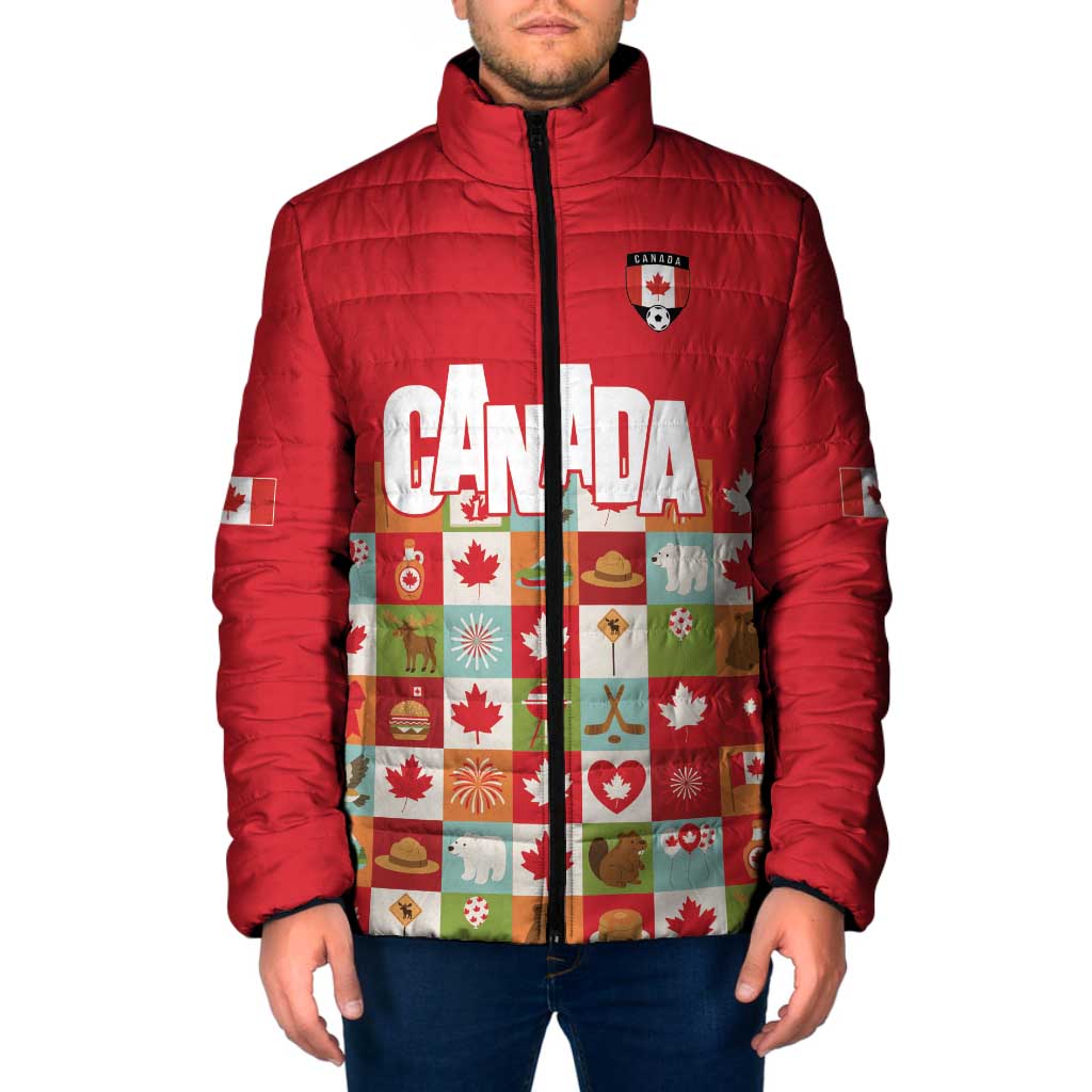Canada Football Padded Jacket Patchwork Icons and Maple Leaf Pattern - Wonder Print Shop