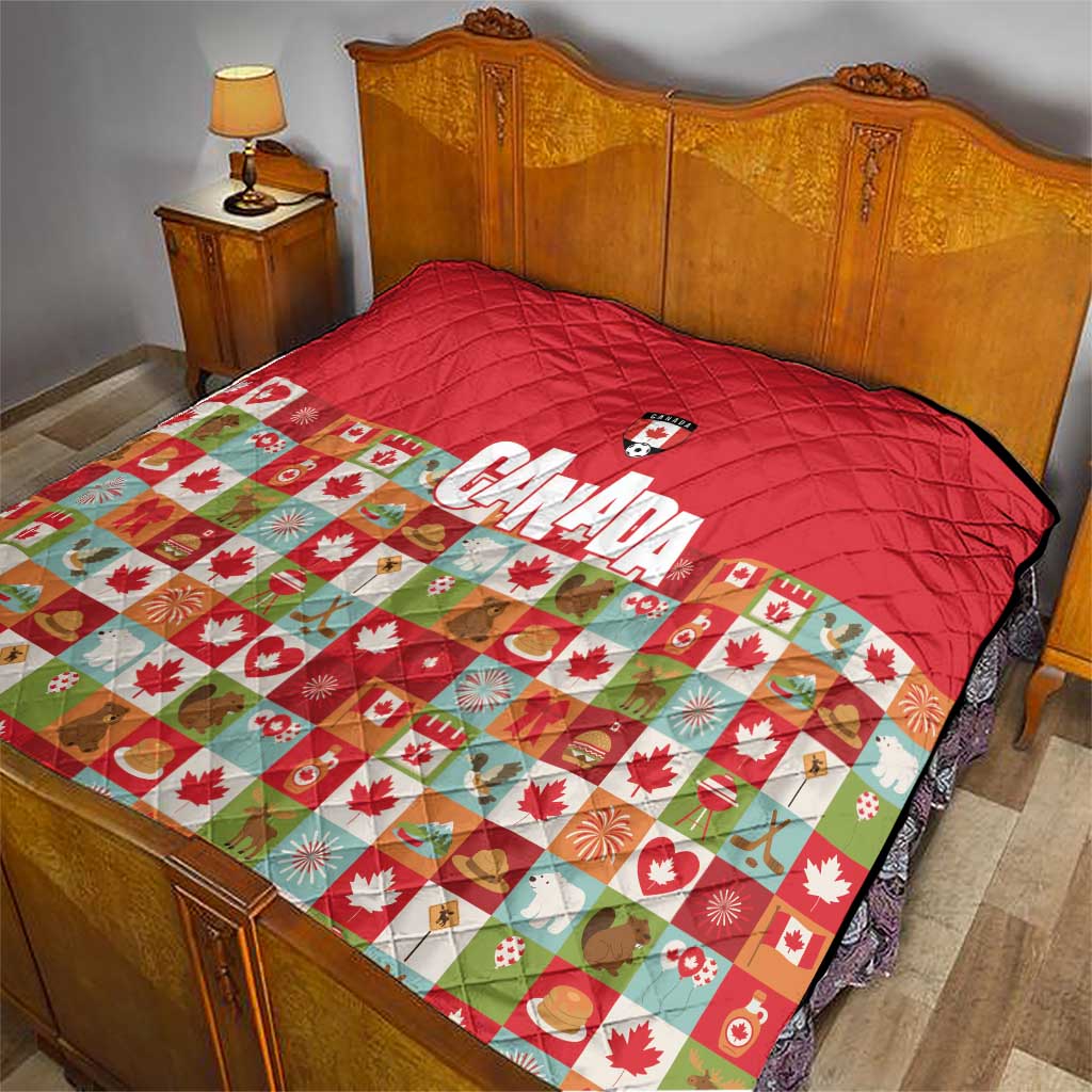 Canada Football Quilt Patchwork Icons and Maple Leaf Pattern - Wonder Print Shop