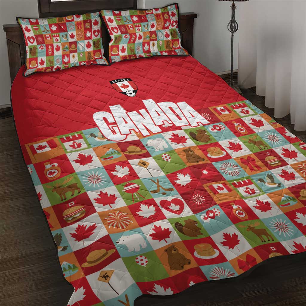 Canada Football Quilt Bed Set Patchwork Icons and Maple Leaf Pattern - Wonder Print Shop