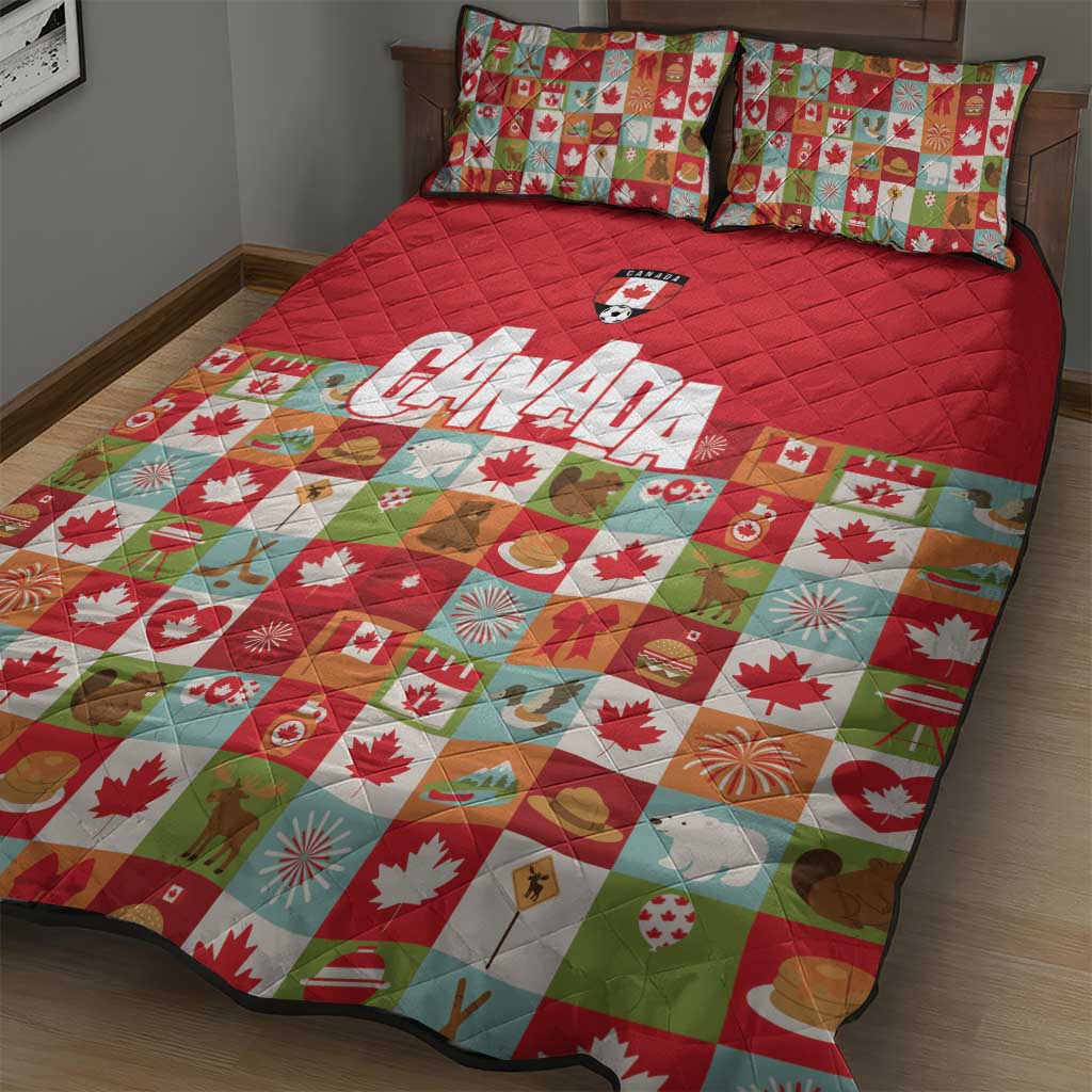 Canada Football Quilt Bed Set Patchwork Icons and Maple Leaf Pattern - Wonder Print Shop