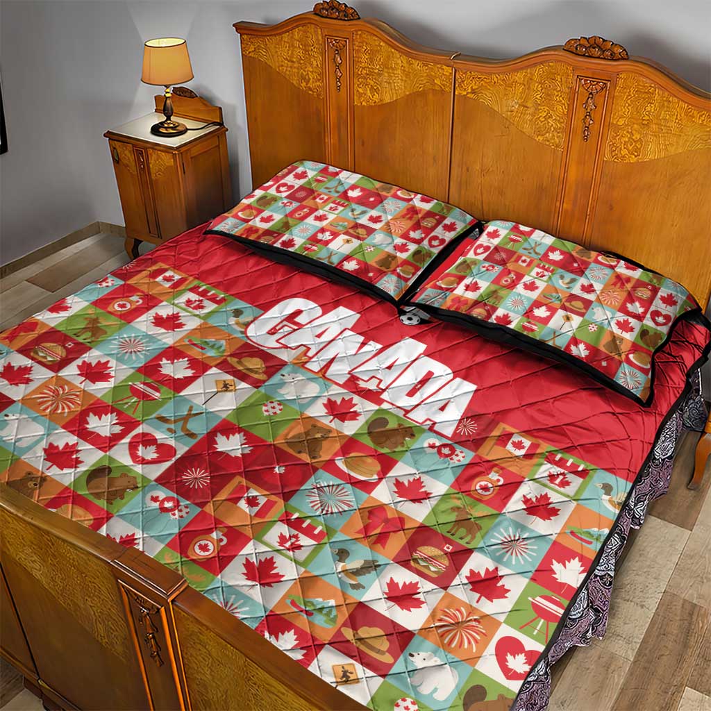 Canada Football Quilt Bed Set Patchwork Icons and Maple Leaf Pattern - Wonder Print Shop