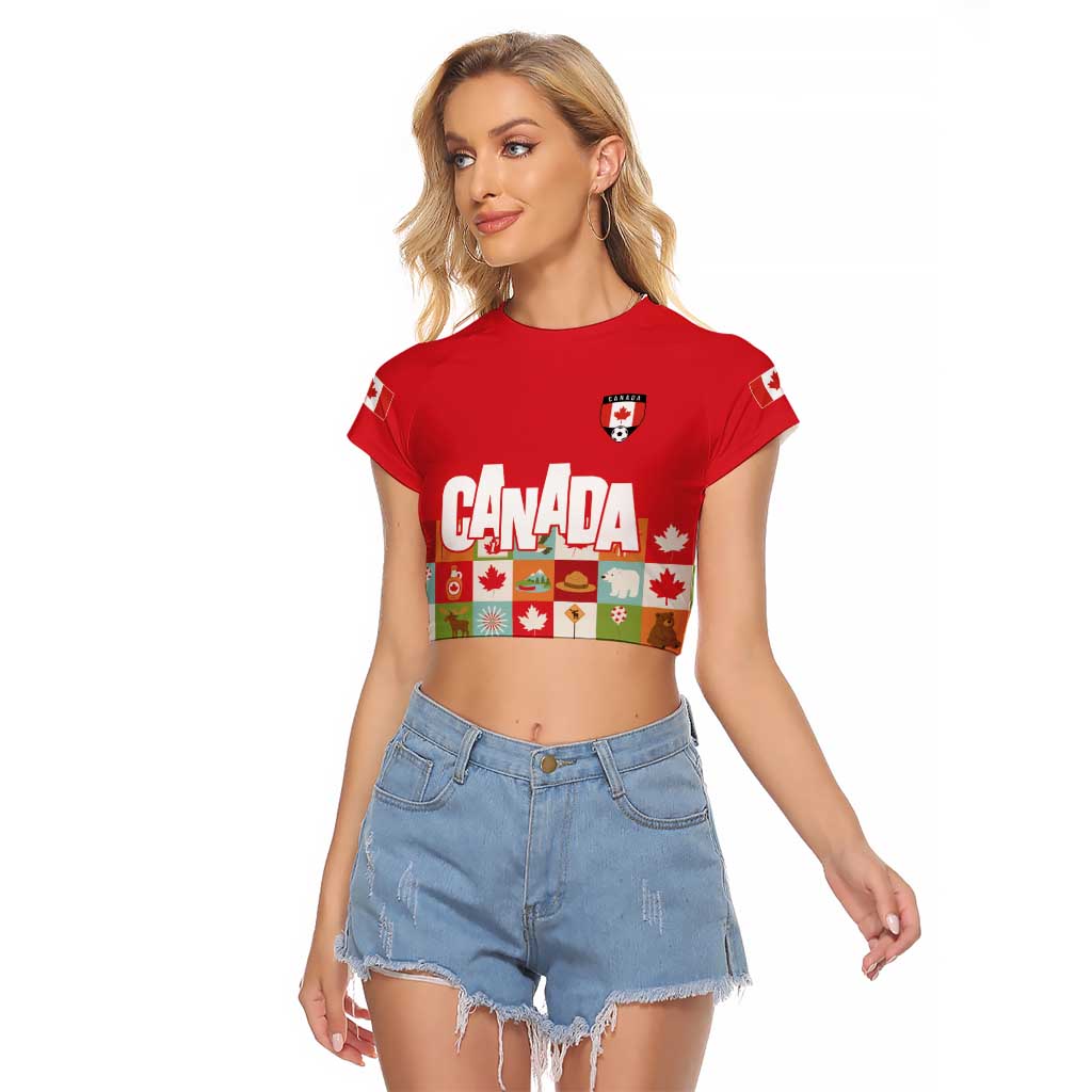 Canada Football Raglan Cropped T Shirt Patchwork Icons and Maple Leaf Pattern - Wonder Print Shop