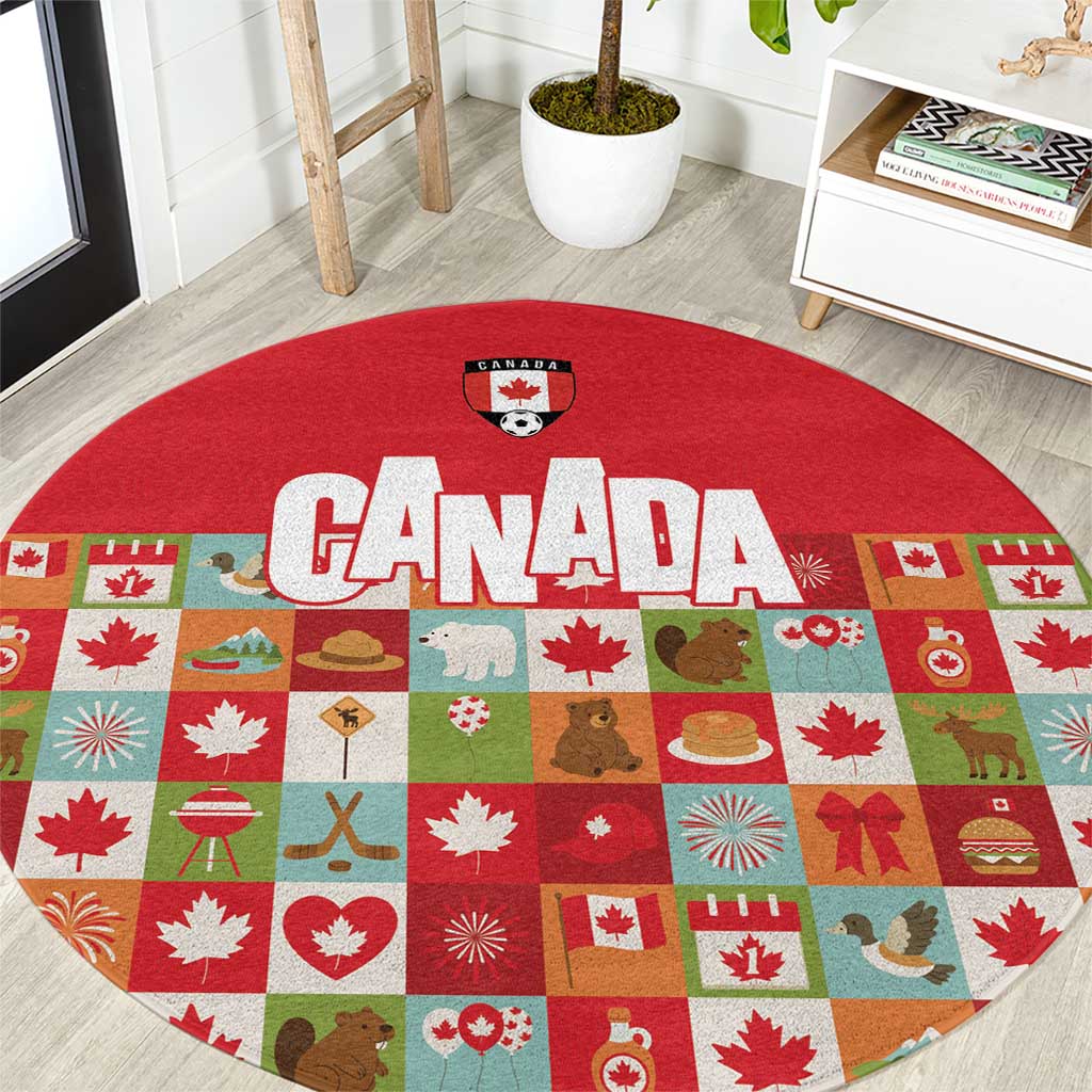 Canada Football Round Carpet Patchwork Icons and Maple Leaf Pattern - Wonder Print Shop
