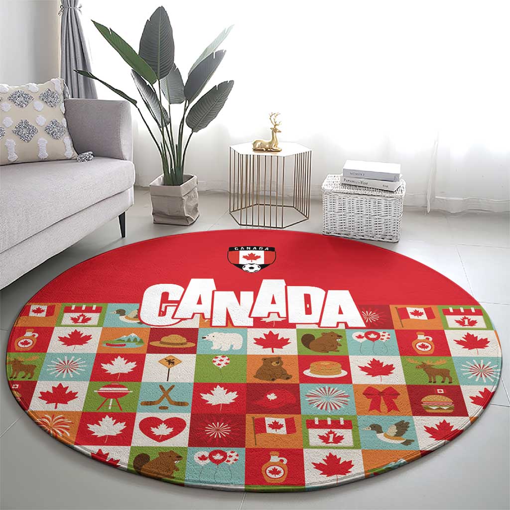 Canada Football Round Carpet Patchwork Icons and Maple Leaf Pattern - Wonder Print Shop