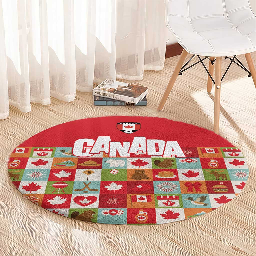 Canada Football Round Carpet Patchwork Icons and Maple Leaf Pattern - Wonder Print Shop