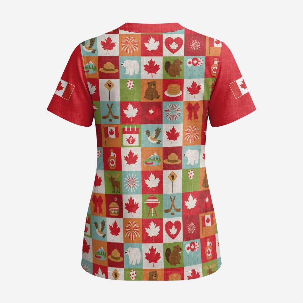 Canada Football Scrub Top Patchwork Icons and Maple Leaf Pattern - Wonder Print Shop