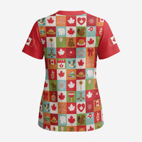 Canada Football Scrub Top Patchwork Icons and Maple Leaf Pattern - Wonder Print Shop