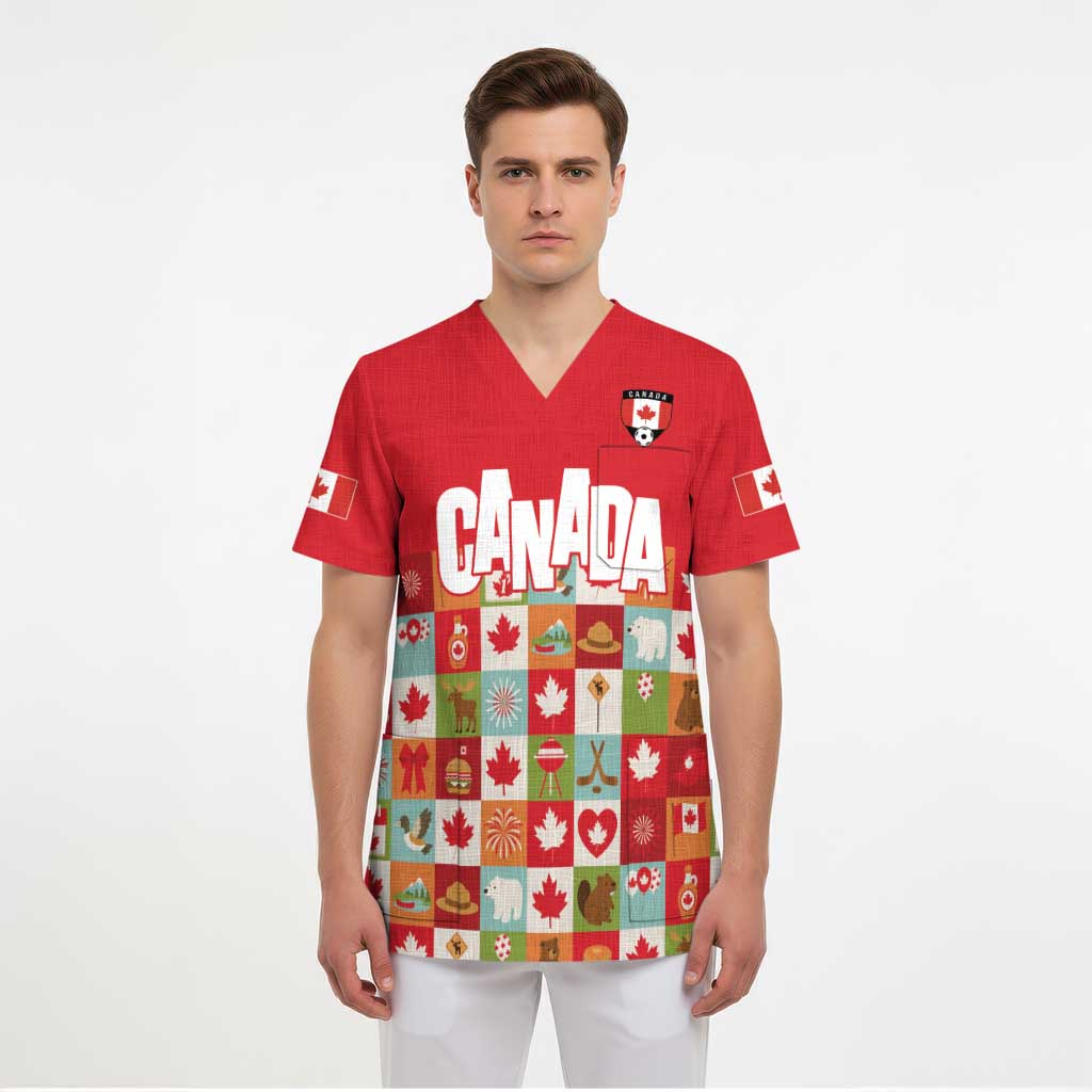 Canada Football Scrub Top Patchwork Icons and Maple Leaf Pattern - Wonder Print Shop