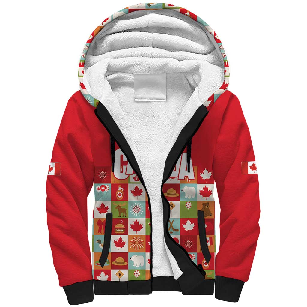 Canada Football Sherpa Hoodie Patchwork Icons and Maple Leaf Pattern - Wonder Print Shop
