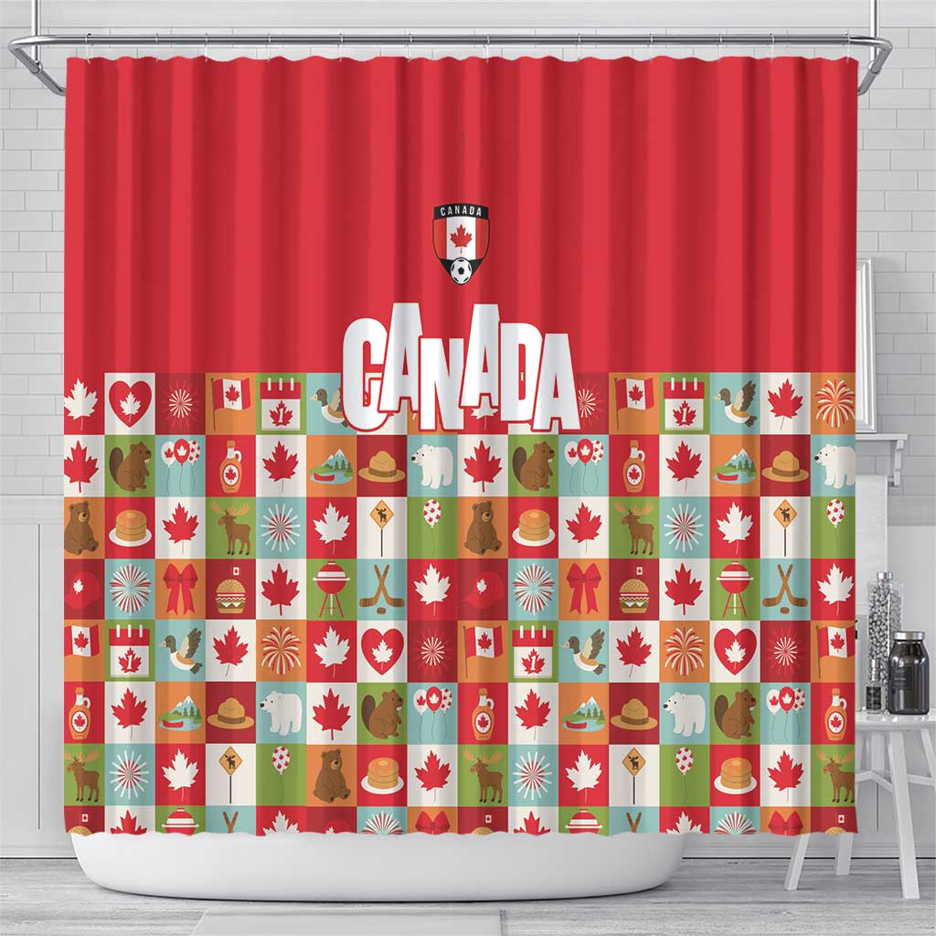 Canada Football Shower Curtain Patchwork Icons and Maple Leaf Pattern - Wonder Print Shop