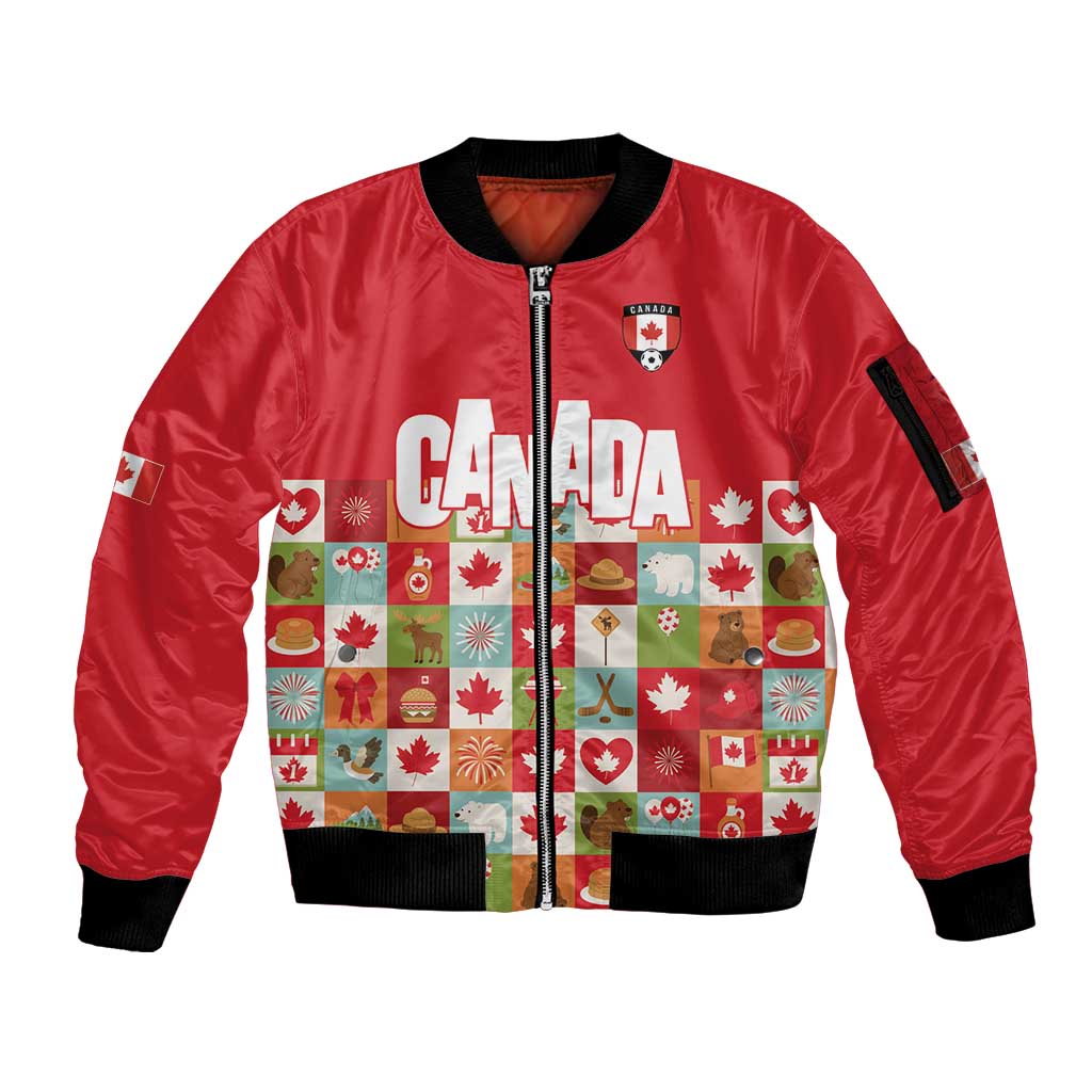Canada Football Sleeve Zip Bomber Jacket Patchwork Icons and Maple Leaf Pattern - Wonder Print Shop