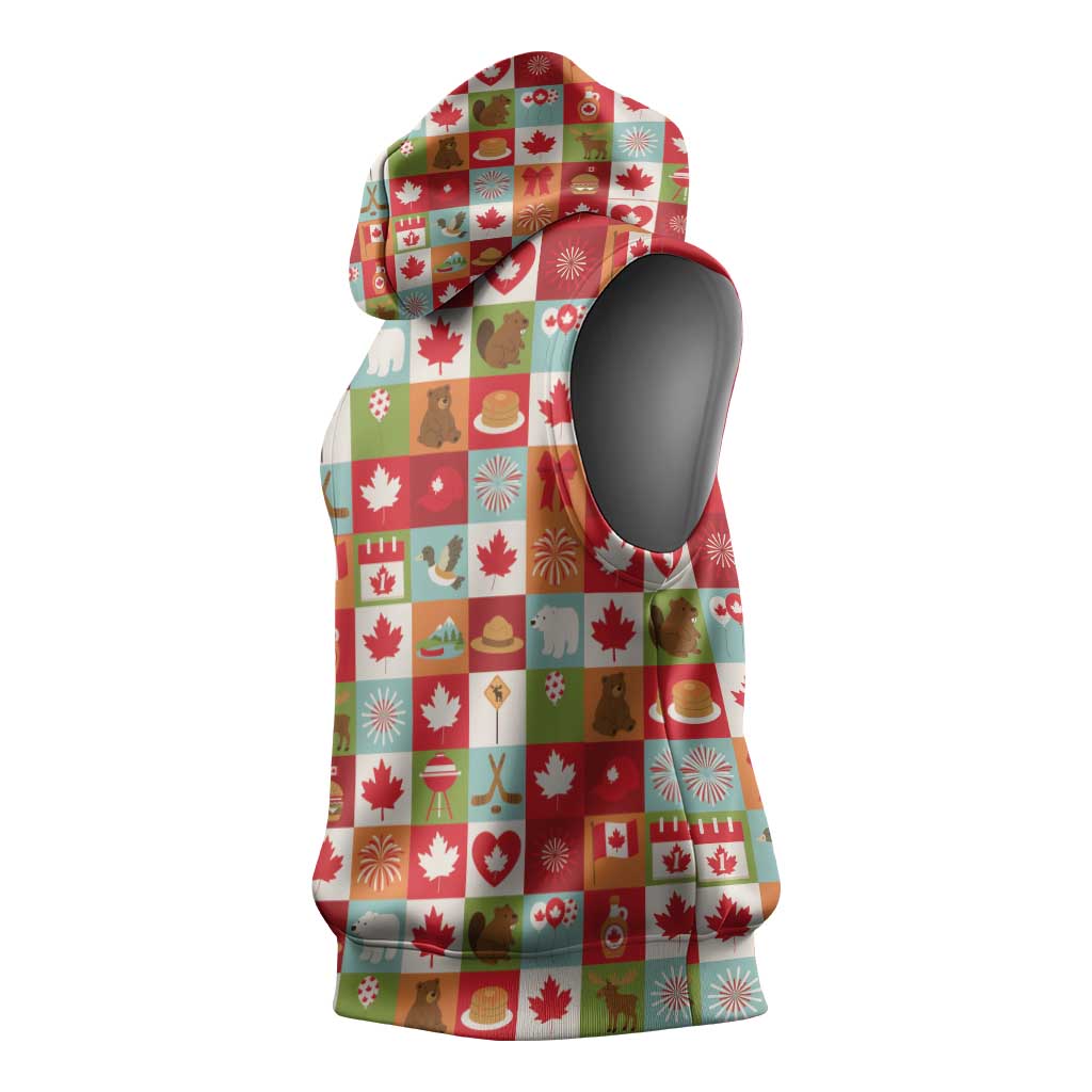 Canada Football Sleeveless Hoodie Patchwork Icons and Maple Leaf Pattern - Wonder Print Shop