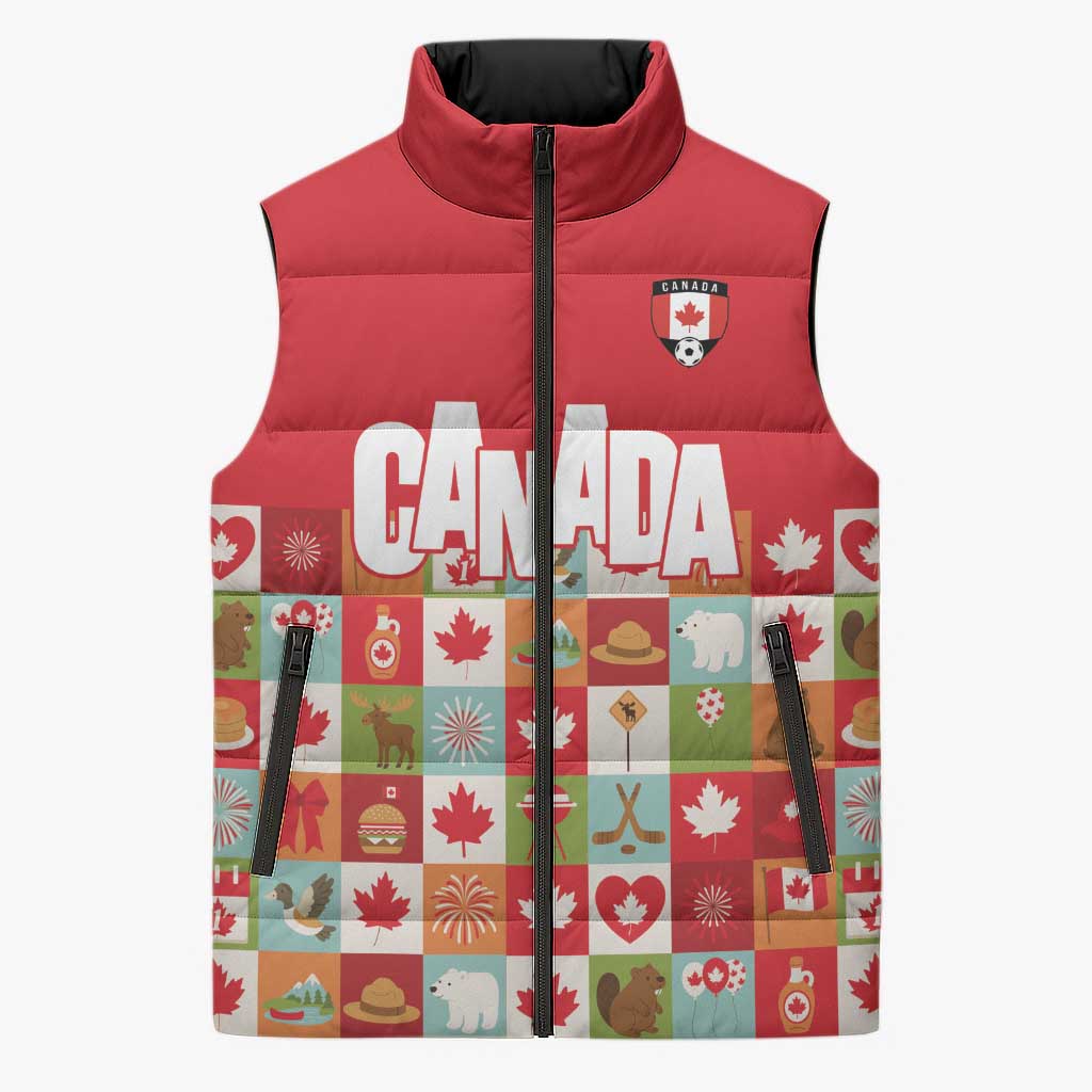 Canada Football Sleeveless Puffer Jacket Patchwork Icons and Maple Leaf Pattern - Wonder Print Shop
